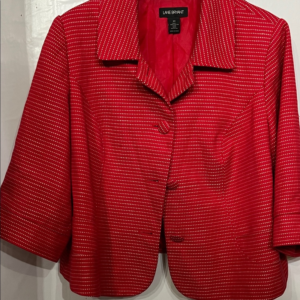 Lane Bryant Red and White Striped Blazer with little ruffles on the back.